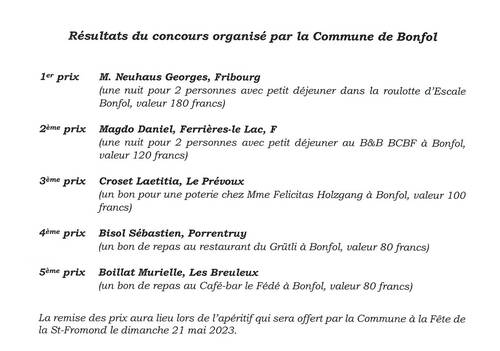Liste des gagnants du concours organisé par la Commune lors de la course de chiens de traîneaux à Saignelégier