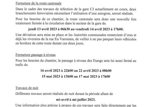 Travaux gare CJ - information communale