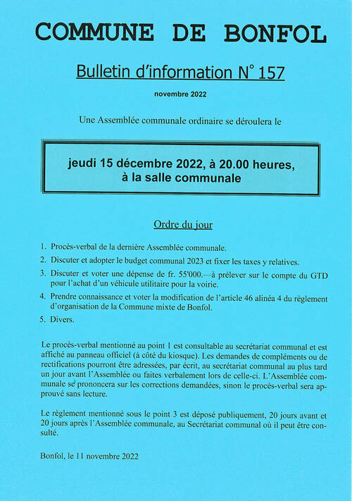 Assemblée communale ordinaire du 15 décembre 2022