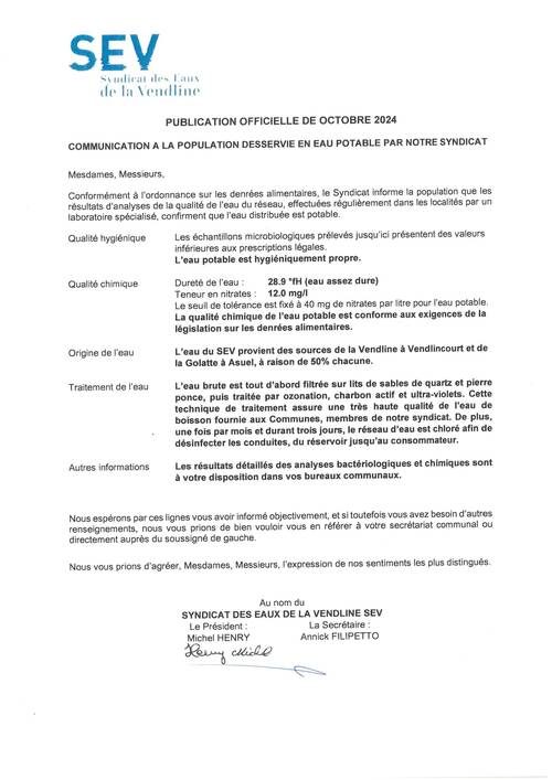 SEV information eau potable